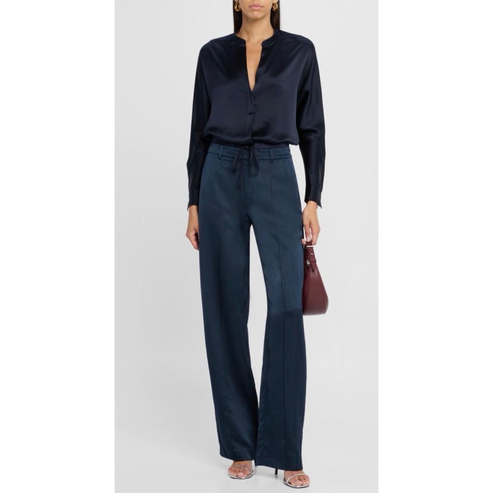 Vince Coastal Blue Wide Leg Satin Drawstring Trousers V101422390 Womens 14 NWT